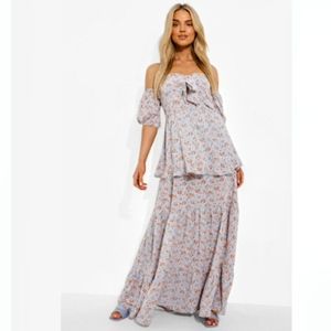 NWT BooHoo FLORAL OFF THE SHOULDER KNOT FRONT Light Blue MAXI DRESS